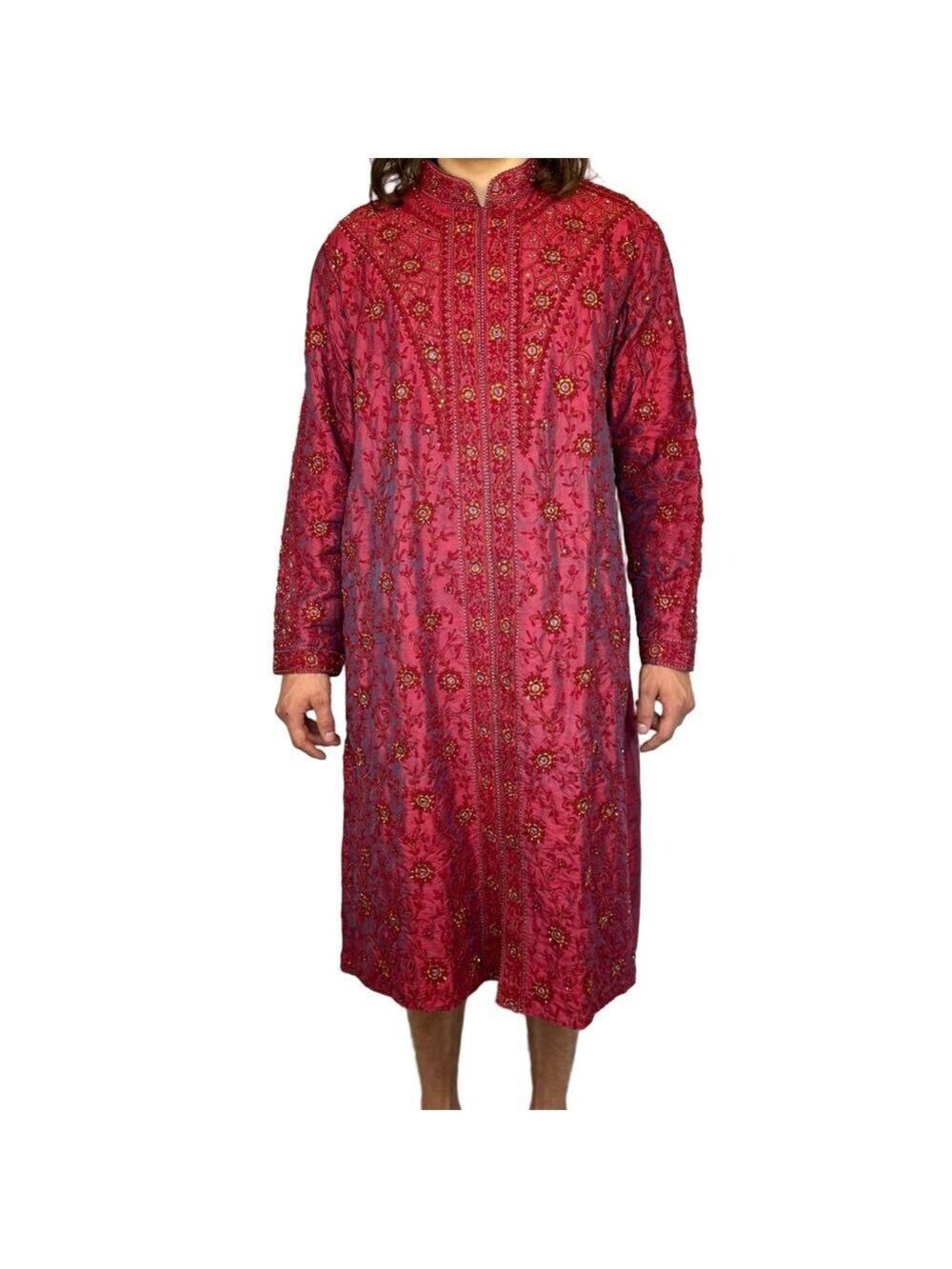 Hakar Vintage Tunic Robe Kurta Beaded Embroidered Red Silk